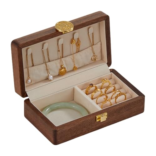 Travel Jewelry Case Wood Small Jewelry Box for Women Wood Jewelry Organizer Storage Holder For Earrings Rings Necklaces Velvet Wooden Jewelry Box With Lock - color: Nut-Brown B