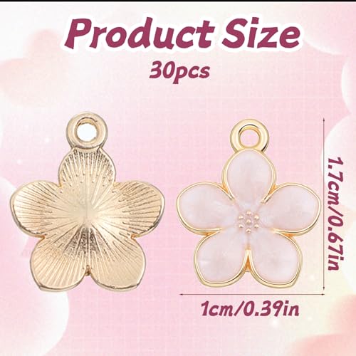 Thinp 30 Pcs Cherry Blossoms Decor, Flower Charms for Jewelry Making Small Flower Enamel Charms Gold Plated Flowers Pendants for DIY Crafts Purse Keychains Bracelet Necklace Earrings Making Findings