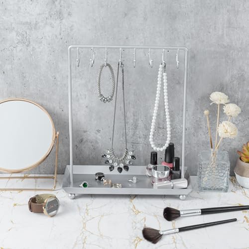 MyGift Silver Tone Metal Jewelry Stand Necklace Display Organizer with 20 Hooks and Ring Tray - color: Silver