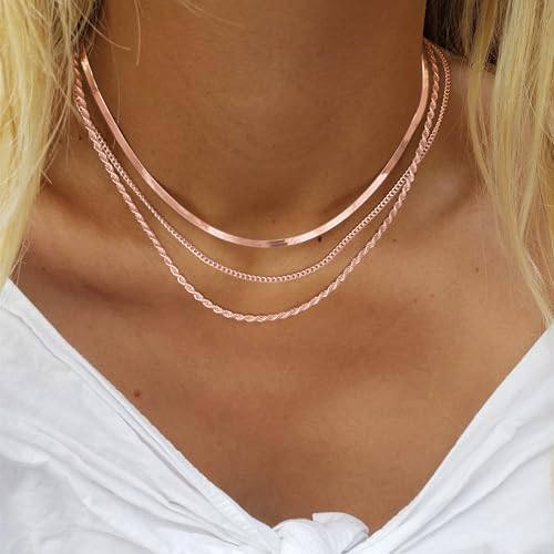 Freekiss Women's Layered Necklace Set - 3 Piece Dainty Gold Jewelry for Everyday Stacking | 14K Gold Plated Snake Chain, Rope Chain, Cuban Chain | Adjustable Length 14-18.5 Inch | Gift Ready - color: Rose Gold, style: 3Snake+Rope+Cuban