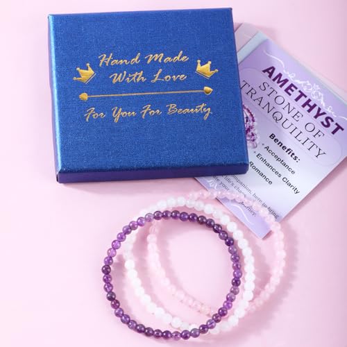 2/3-Pieces 4mm 6mm 8mm Natural Crystal Gemstone – Handmade Reiki Energy Healing Stretch Bracelets Jewelry for Yoga, Meditation, Unisex - color: 3 Pieces (Amethyst&PinkQuartz&WhiteJade), size: 4mm