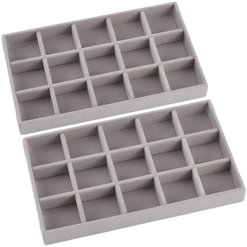 2Pcs 5 x 8.3 Inch Jewelry Drawer Inserts Velvet Jewelry Tray Gray 15 Grids Dresser Earring Drawer with Removable Divider Necklace Organizer Storage Container for Bracelet Ring Watch Display - style: Gray 15 Grids