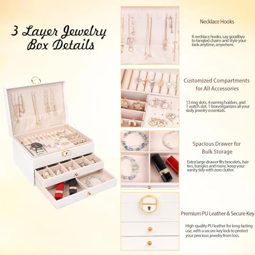 3 Layer Jewelry Box Organizer with Drawers, Lockable PU Leather Jewelry Storage Case for Mothrer's Day gifts Necklace Earring Ring Bracelet Watch, White - color: White