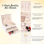 3 Layer Jewelry Box Organizer with Drawers, Lockable PU Leather Jewelry Storage Case for Mothrer's Day gifts Necklace Earring Ring Bracelet Watch, White - color: White