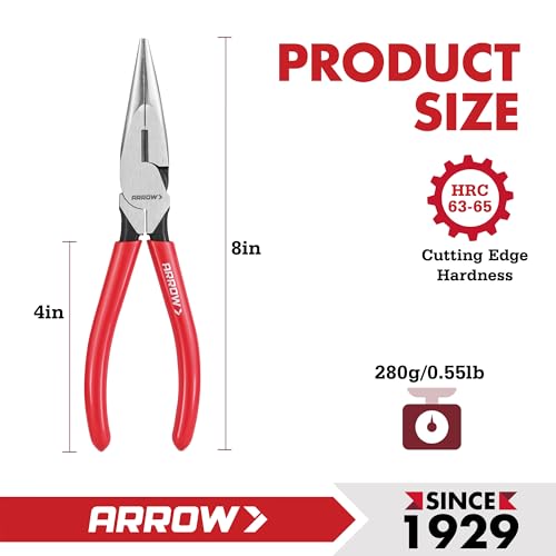 ARROW 8" High Leverage Needle Nose Pliers with Side Cutters, Long Nose Pliers for Gripping, Wire Bending, Cutting (Pack of 2) - size: 8 INCH (Pack of 2)