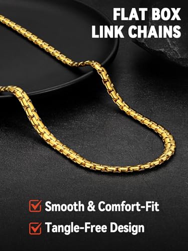 FaithHeart Mens Black/Silver/Gold Stainless Steel Flat Box Link Chain Necklace, Stylish 2/4/6/8mm Width Box Chains Necklaces for Men Non Tarnish Hip Hop Chain Jewelry Gifts,14"-30" Length - color: 2mm Width-Gold, size: 20 Inches Length