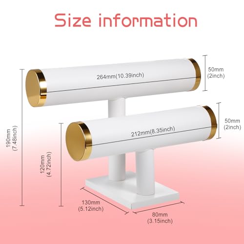 Two-layer T-shaped jewelry organizer, made of textured PU leather, suitable for displaying and organizing bracelets, bangles, and watches. (White and gold) - color: White faux leather