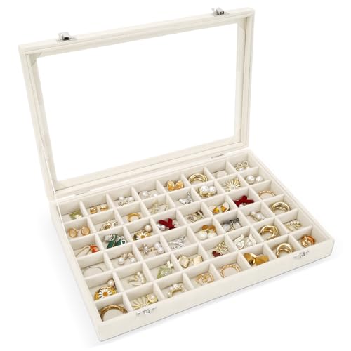 48 Grid Velvet Stud Earring Organizer Storage Tray, Adjustable Earring Holder Organizer with Clear Lid, Jewelry Display Box for Earrings, Rings, Necklaces and Studs, Gift for Women and Girls