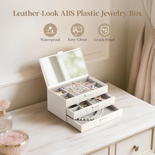 LAMU Jewelry Box Organizer with Mirror, 3-Layer Jewelry organizer with 2 Drawers, Large PU Leather Organizer for Earrings Rings Necklace Bracelet, Ideal Valentines Day Gifts for Girls Women, White