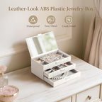 LAMU Jewelry Box Organizer with Mirror, 3-Layer Jewelry organizer with 2 Drawers, Large PU Leather Organizer for Earrings Rings Necklace Bracelet, Ideal Valentines Day Gifts for Girls Women, White