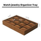 Jewelry Watch Tray, Coffee Velvet Watch Jewelry Organizer 12 Grid, Stackable Watch Bracelet Bangle Display Holder, Adjustable Pillows, for Man Woman Show Birthday - color: Coffee