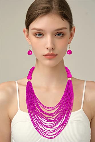 Bocar Necklace for Women, Multi Layer Statement Necklace, Long Chain Chunky Bib Seed Beads Necklace, Necklace Earring Set for Women Gift (NK-10693) - color: Rose red