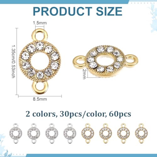 PH PandaHall 60pcs Flat Round Link Charms Rhinestone Connectors Charms Alloy Round Jewelry Links Ring Circle Charm Links Double Loop Jewelry Connectors for Bracelet Earring DIY, Gold/Platinum - size: 0.53 inch