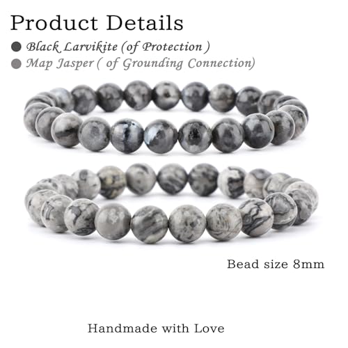 NCB 2.3-Piece 4mm Natural Crystal Gemstone Stretch Bracelets – Handmade Reiki Energy Healing Jewelry for Meditation,Yoga, Unisex - color: 2PCS ( Black Larvikite+Map Jasper ), size: 8mm