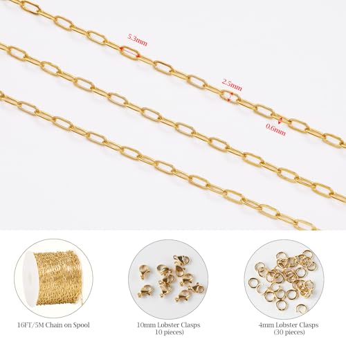 KYUNHOO 16.4FT/5M Stainless Steel Paperclip Chain Roll Gold Plated Jewelry Making Chains Spool Bulk Jewelry Links with Lobster Clasps Jump Rings for Crafting DIY - color: Paperclip Gold
