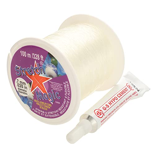 Stretch Magic Bead & Jewelry Cord - Strong & Stretchy, Easy to Knot - Clear Color - 0.7mm Diameter - 100-meter (328 ft) Spool - Elastic String for Making Beaded Jewelry – Bonus Hypo Cement Glue - size: 0.7mm