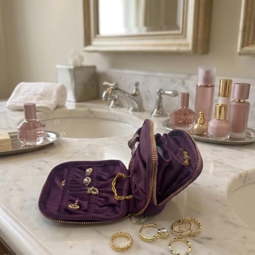 Double Layer Travel Jewelry Case, Small Soft Velvet Jewelry Organizer Pouch for Necklaces Earrings Rings Bracelets, Portable Travel Jewelry Storage Box for Women