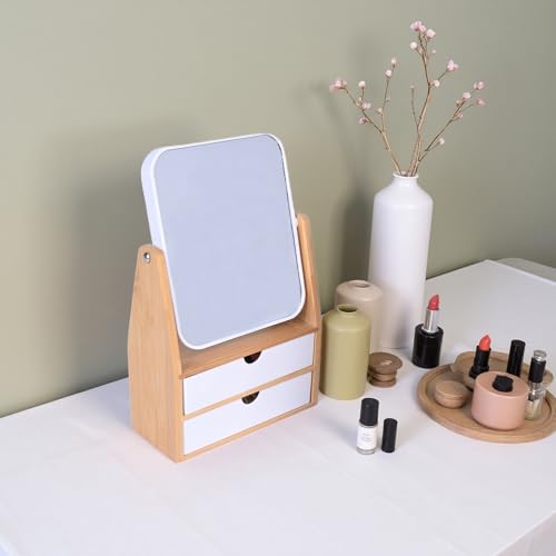 1x / 5X Magnifying Makeup Mirror, Jewelry and Cosmetics Storage Box with Double Drawers, Adjustable Natural Bamboo Stand, 360° rotatable Vertical Desktop Mirror (1, Rectangle)