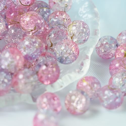100Pcs 10mm Crackle Glass Beads for Jewelry Making - Round Spacer Crystal Beads Bulk, DIY Craft Supplies for Necklace Bracelet Earrings (Pink Light Purple) - color: Pink Light Purple