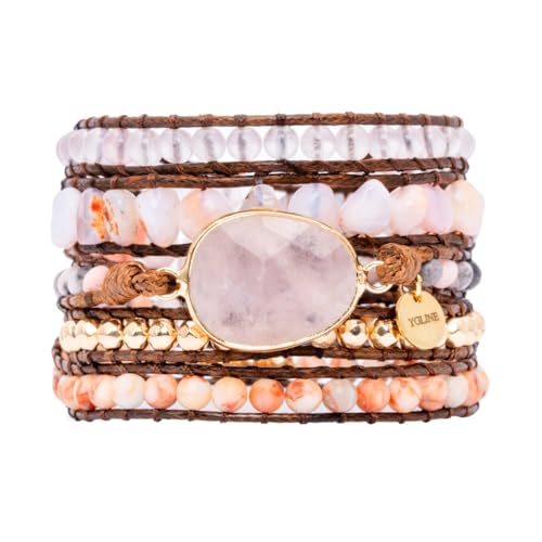 YGLINE Women Boho Handmade Natural Stone Crystal Leather Bead Wrap Bracelets Collection - color: Rose Quartz