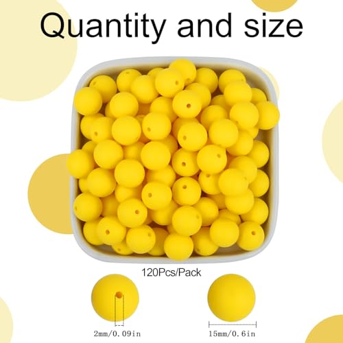 MAIBAOTA 120 Pcs Yellow Silicone Beads 15 mm Yellow Beads for Keychain/Pens/Bracelet/Necklace Making Focal Beads Loose Rubber Round Silicone Beads Bulk for Craft Making（with Boxed Kits） - color: Yellow