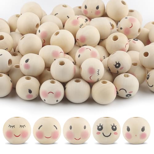 50PCS Wooden Beads for Crafts, 20mm Smile Wooden Beads with Holes, Natural Round Face Wood Beads for DIY Crafts, Jewelry Making, Angel Decorations(Style 2) - color: Style 2