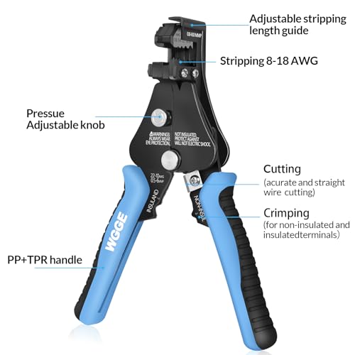 WGGE Automatic Heavy Duty Wire Stripper/Wire Cutter, 3 IN 1 Adjustable Wire Stripper Tool for 8-18 AWG Solid and Stranded Electrical Wire | 10-22 AWG Wire Crimping Tool