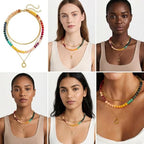 Gmai Layered Beaded Necklace for Women Colorful Trendy Snake Chain Circle Pendant Choker Gold Chain Adjustable Length Bohemian Rainbow Stackable Necklaces Jewelry Gift - style: Exquisite box packaging
