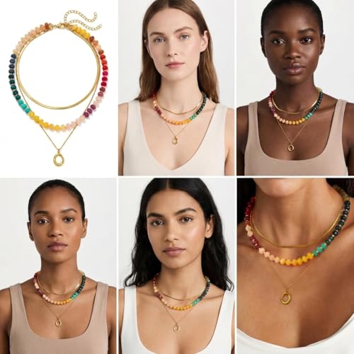 Gmai Layered Beaded Necklace for Women Colorful Trendy Snake Chain Circle Pendant Choker Gold Chain Adjustable Length Bohemian Rainbow Stackable Necklaces Jewelry Gift - style: Exquisite box packaging