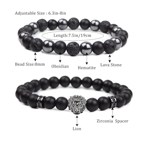 Natural Stone Bracelet 8mm Mens Black Beaded Bracelets Hematite Obsidian Onyx Lava Beads Bracelet Healing Crystal Bracelet for Men - style: Lion