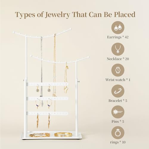 LAMU Jewelry Organizer, 5 Tier Jewelry Stand Display with Anti Entanglement Necklace Holder Tree, Height Adjustable Stroage for Earrings Rings Studs Bracelet, Valentines Day Gifts for Women, White - color: White