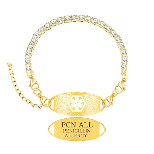 Women's Medical ID Bracelet with White Zircon Tennis Chain, Interchangeable Engraved Plate, Adjustable Lobster Clasp, Lightweight, Hypoallergenic, for Running, Outdoor, Daily Wear - color: Gold-PENICILLIN ALLERGY