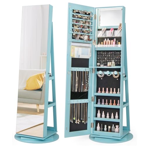COSTWAY 360° Rotating Mirror Jewelry Armoire, Freestanding Jewelry Organizer w/ 3-Color LED Lights, Full-length Mirror with Jewelry Storage, Lockable Jewelry Cabinet for Bedroom, Cloakroom (Cyan) - color: Cyan