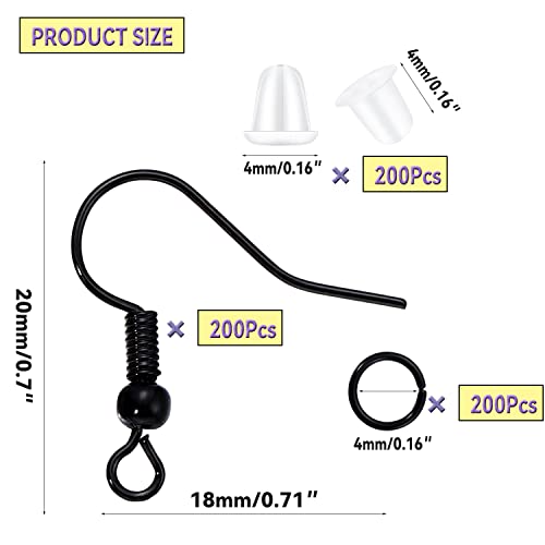 600Pcs Hypoallergenic Earring Hooks, Black Earring Making Kit, with Earring Backs and Jump Rings for Jewelry Making (Black) - color: Black