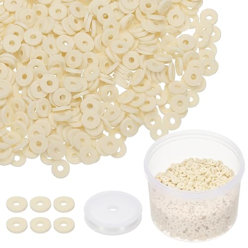 PATIKIL Clay Beads, 3000 Pcs Beige Heishi Beads 6mm Flat Polymer Clay Beads Friendship Bracelet DIY Kit with Elastic Cord for Jewelry Necklace Making - color: Beige