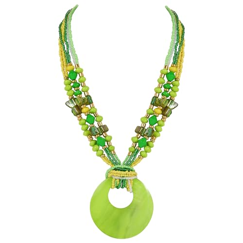 Coiris Shell Pendant Statement Strand Necklace for Women Boho Multi Beads Natural Stone Colorful Necklace Bohemian Handmade Chunky Shell Beaded Collar Jewelry for Women - color: Green