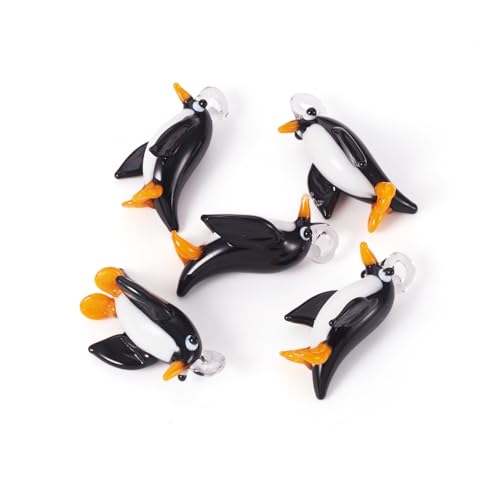 FASHEWELRY 5Pcs Handmade Ocean Penguin Lampwork Glass Pendants Black Marine Life Little Penguin Loose Beads Charms for DIY Jewelry Project Making - color: Penguin-Black