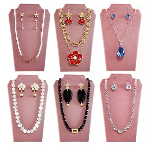 6Pcs/Set Necklace&Earring Display stand Velvet Jewelry Set Easel Display Rack Jewelry Display Stand for Vendors Jewelry Bust (Pink, L) - size: L