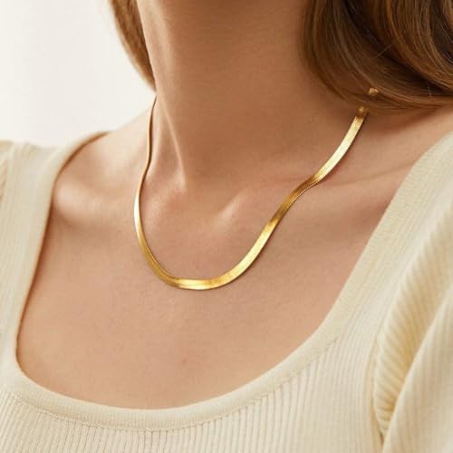 CHESKY Gold Necklace for Women-14K Plated/S925 sterling silver Snake Chain Necklace Dainty Simple Chunky Herringbone Necklace Gold Choker Necklaces Jewelry for Women Mothers Day Gifts for Mom - color: gold, style: 5mm 16.5 inch snake