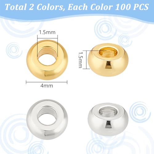 PH PandaHall 200pcs 4mm Spacer Beads, 2 Colors Flat Round Heishi Bead Metal Loose Beads Spacers for Heishi Clay Bead Summer Stackable Necklace Bracelet Jewelry Making, Golden Platinum