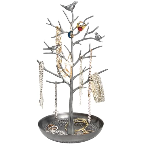 ChezMax Jewelry Display Necklace Earring Organizer Holder Metal Birds Tree Stand with Tray Antique Bracelet Rings Rack Tower Decoration for Women Girl silver 11.8 Inch - color: B-Metal silver