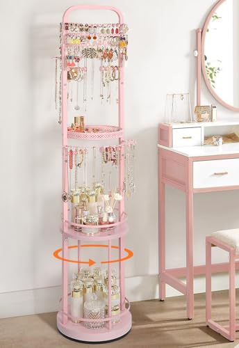 Jewelry Holder Organizer, Floor Jewelry Organizer with Earring Organizer Necklace Holder, Rotating Jewelry Stand Necklace Display Earring Storage, Large Hanging Jewelry Tree for Jewlery Bracelet Ring - color: Pink
