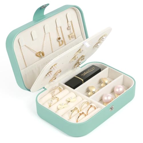 Travel Jewelry Box, Small Jewelry Organizer Boxes for Women Girls, 2 Layer Travel Jewlery Case, PU Leather Mini Portable Jewerly Storage Display Holder for Earrings, Ring, Necklaces, Bracelets - Green - color: Green