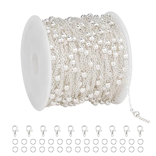KYUNHOO 32.8 Feet Beaded Chain for Jewelry Making Thin Cable Chains Bulk Silver Jewelry Supplies for Women Men DIY Handcrafts with Lobster Clasps Jump Rings - color: Bead Silver