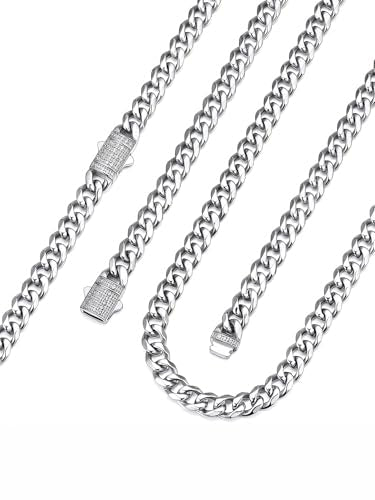 Bandmax Stainless Steel Cuban Link Chain Necklace for Men Women Silver Tone/14K Gold Plated/Black Curb Chains with Blinged out Clasp,6/9/12MM Width, 18-30 Inch Length, Hip Hop Jewelry for Gift - color: 01 Silver Tone-6MM, size: 18 Inch (46cm, Choker Style
