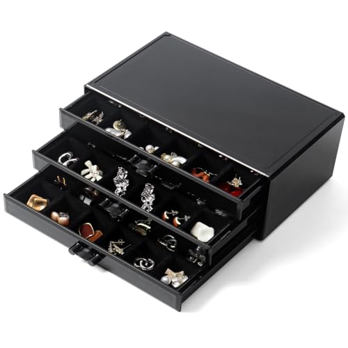 YUFONG Earring Organizer Box Acrylic Jewelry Organizer with 3 Drawers 54 Adjustable Grids Clear Stackable Earring Holder Velvet Trays Ring Display Case for Women Girls (Black Black) - color: Black Black