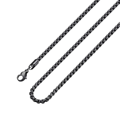 Square Rolo Chain Necklace Stainless Steel Round Box Necklace for Men Women/2mm-7mm/16Inch-36Inch - color: Stainless Steel-Black, size: 28 Inches, style: 2 mm width