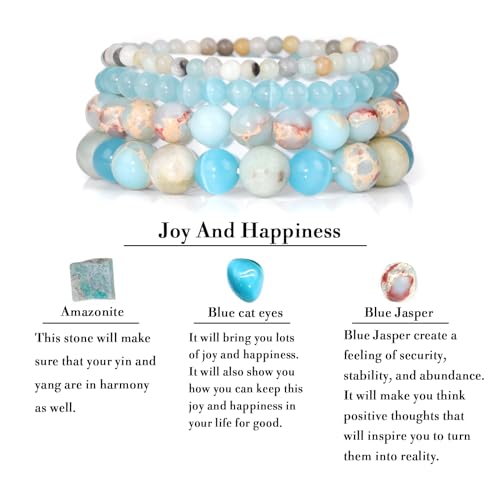 Vinswet 4pcs Beaded Bracelets for Women,Natural Healing Crystal Gemstones Bracelet,Anxiety Stress Relief Bracelet Handmade purple Jewelry Gifts for Women - color: Amazonite&Blue cat eyes&Blue Jasper