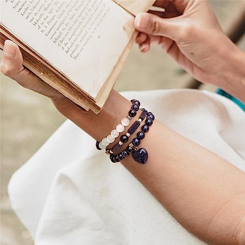 Vinswet Healing Crystal Beaded Bracelets for Women,Natural Amethyst Gemstones Bracelet,Anxiety Stress Relief Heart Charm Bracelet Handmade purple Jewelry Gifts for Women - color: Blue Sandstone&Moonstone