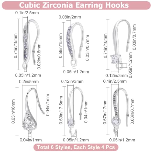 Beebeecraft 1 Box 24Pcs 6 Styles Cubic Zirconia Earring Hooks Sterling Silver Plated Brass French Ear Hooks with Loop for Jewelry Making DIY Earring Crafts - color: 6 Style Earring Hooks Silver